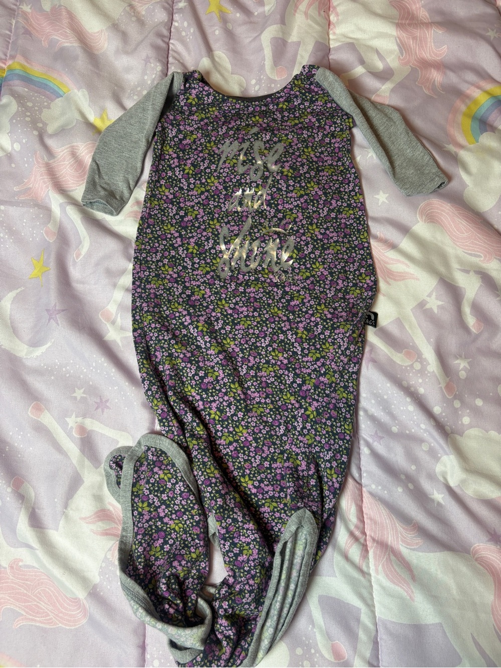 Rags to Raches Purple Floral Baby Pouch with Gray Sleeves